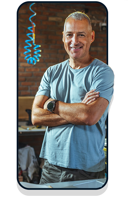 Business owner in blue t-shirt in mobile frame